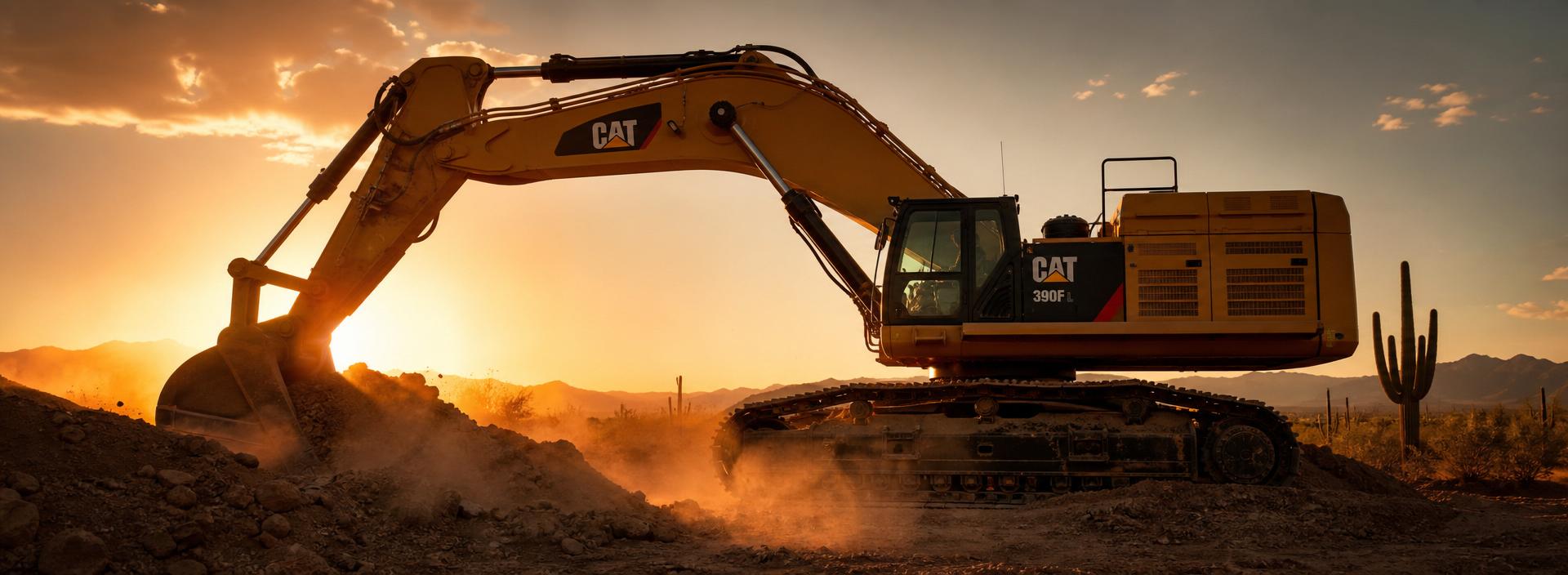 Yellow excavator working in a dusty Arizona construction site at sunset